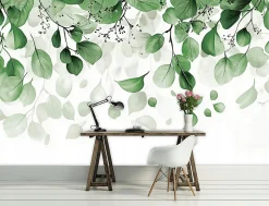 Papier Peint Panoramique Intissé Blanc Vert Feuilles 400x280 cm - Colle Inclus - Moderne XXL Papier Peint por Chambre Salon-Wallarena Online
