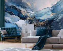 Papier Peint Panoramique Intissé Marbre Glamour Bleu - 350x250 cm - Papier Peint Chambre et salon-Wallarena Sale