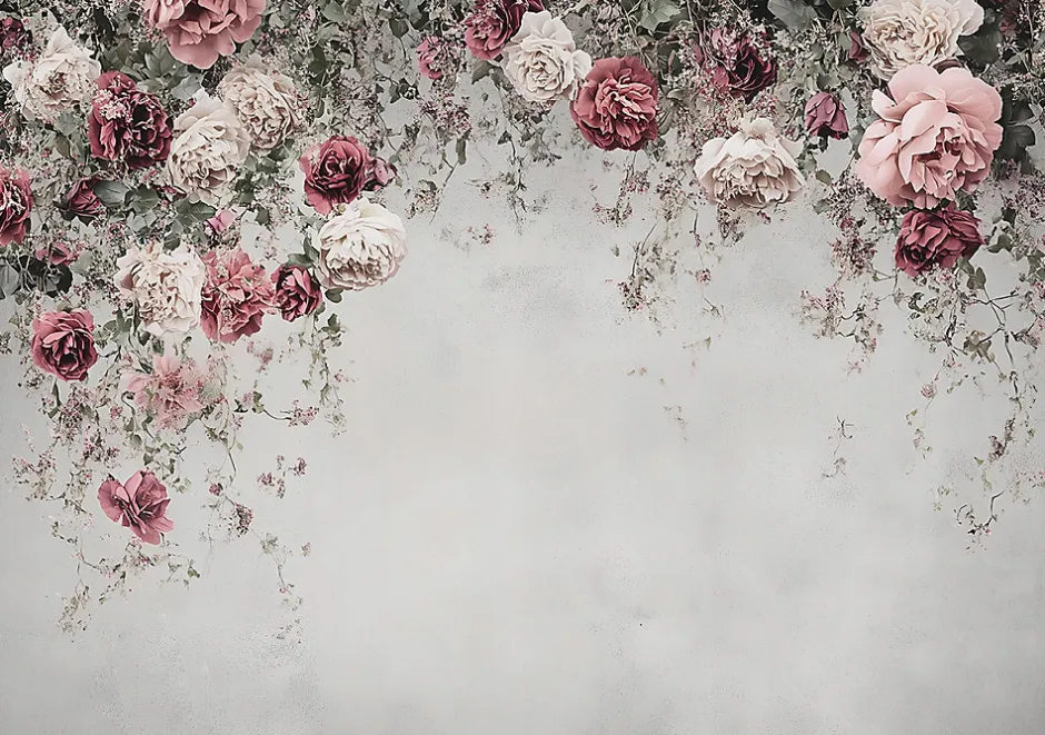 Papier Peint Panoramique Intissé Fleurs Floral Béton 400x280 cm - Colle Inclus - Moderne Papier Peint Intissé Chambre Salon-Wallarena Clearance