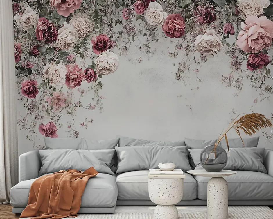 Papier Peint Panoramique Intissé Fleurs Floral Béton 400x280 cm - Colle Inclus - Moderne Papier Peint Intissé Chambre Salon-Wallarena Clearance