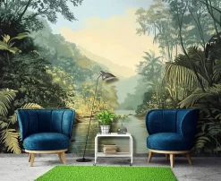 Papier Peint Panoramique Intissé 3D Jungle Nature Vert 350x250 cm - Colle Inclus - Moderne XXL Papier Peint por Chambre Salon-Wallarena