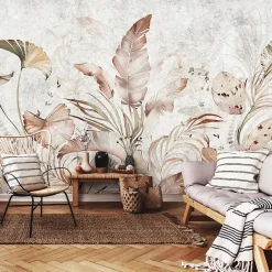 Papier Peint Panoramique Intissé Feuilles Béton Gris - 368x254 cm - Papier Peint Chambre et salon-Wallarena Sale