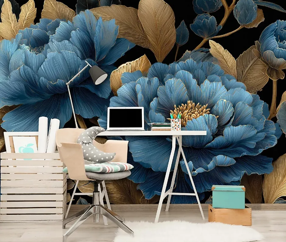 Wallarena Papier Peint Panoramique Intissé Fleurs Feuilles Bleu - 350x250 cm - Papier Peint Chambre et salon