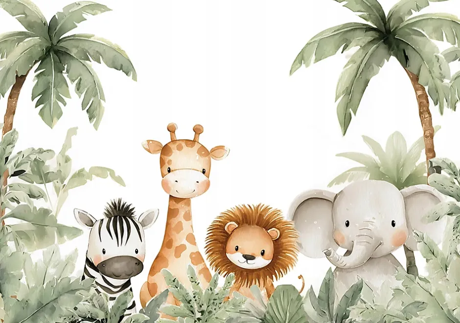 Papier Peint Panoramique Animaux Jungle Vert - 350x250 cm - Papier Peint Enfant-Wallarena New