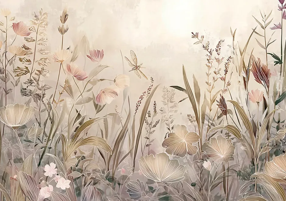 Papier Peint Panoramique Intissé Fleurs Prairie Beige - 400x280 cm - Papier Peint Chambre et salon-Wallarena Sale