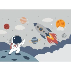 IDPanneaux Papier peint panoramique intissé enfant fusée, astronaute, espace bleu, blanc, 8 lés, L.280 x l.400cm