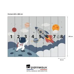 IDPanneaux Papier peint panoramique intissé enfant fusée, astronaute, espace bleu, blanc, 8 lés, L.280 x l.400cm