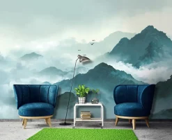 Papier Peint Panoramique Intissé montagnes Brouillard Vert - 350x250 cm - Papier Peint Chambre et salon-Wallarena