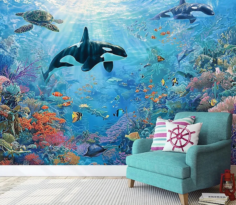 Wallarena Papier Peint Panoramique Intissé Océan Récif corallien Bleu - 300x210 cm - Papier Peint Enfant