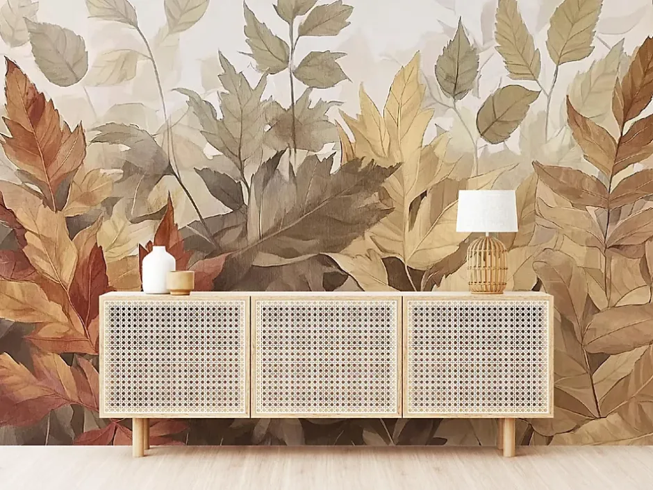 Papier Peint Panoramique Intissé Feuilles Boho Beige 400x280 cm - Colle Inclus - Moderne XXL Papier Peint por Chambre Salon-Wallarena Best