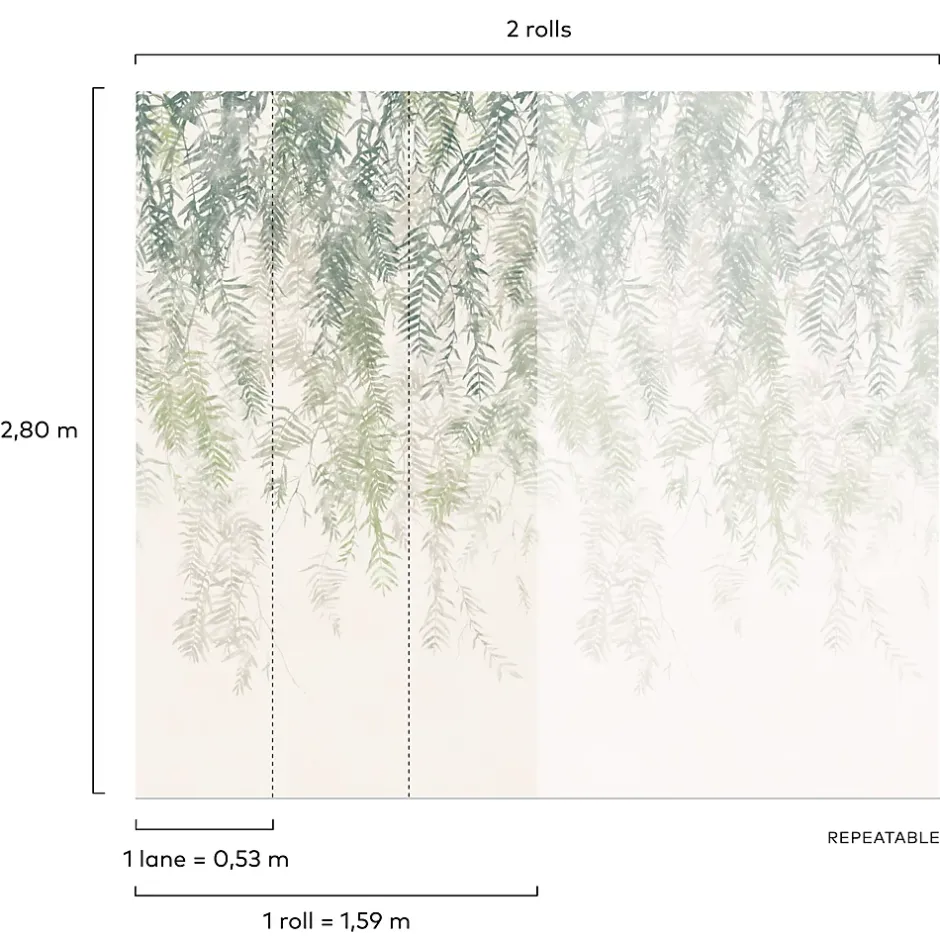 Papier peint panoramique intissé feuillage vert, 2 lés, L.280 x l.159 cm Wisteria-Grandeco Outlet