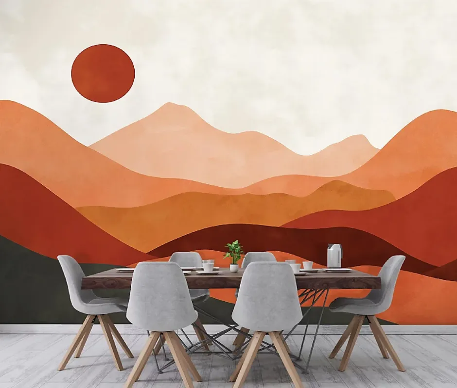 Wallarena Papier Peint Panoramique Intissé Art Déco Montagnes Orange - 400x280 cm - Papier Peint Chambre et salon