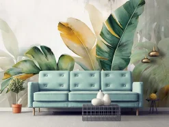 Papier Peint Panoramique Intissé Feuilles Béton Vert - 300x210 cm - Papier Peint Chambre et salon-Wallarena Sale