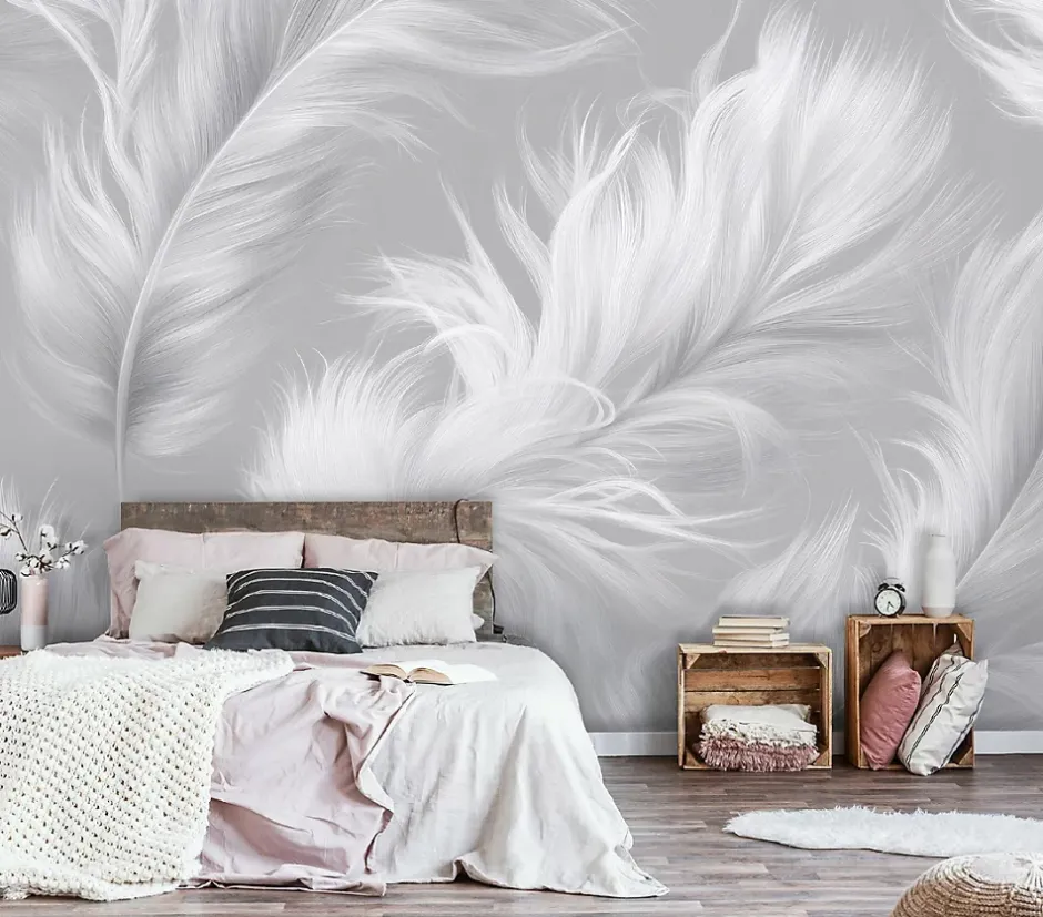 Wallarena Papier Peint Panoramique Intissé Plumes Abstrait Gris - 350x250 cm - Papier Peint Chambre et salon