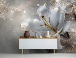 Wallarena Papier Peint Panoramique Intissé Fleurs Lys Beige - 400x280 cm - Papier Peint Chambre et salon