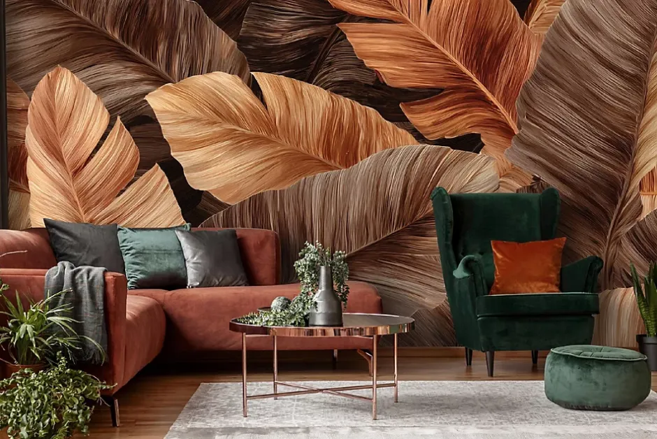 Wallarena Papier Peint Panoramique Intissé Feuilles Abstrait Brun - 400x280 cm - Papier Peint Chambre et salon