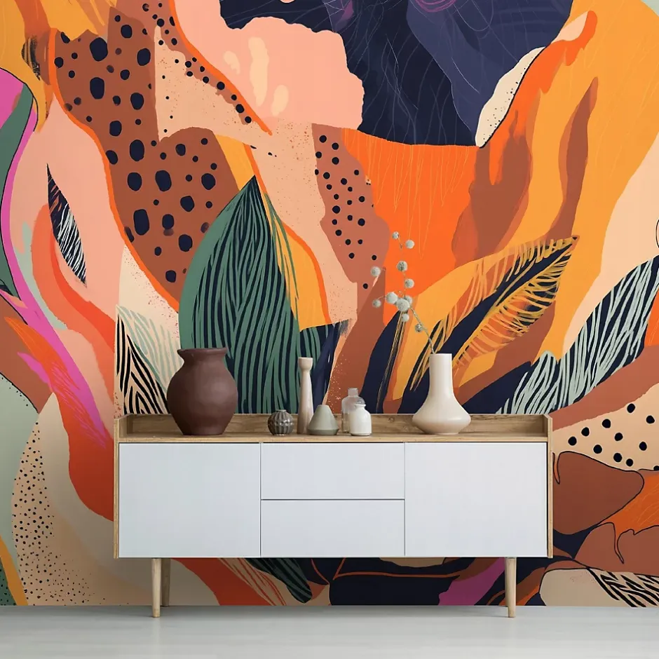 Wallarena Papier Peint Panoramique Vinyle Abstraction Feuilles Coloré - 368x254 cm - Papier Peint Chambre et salon