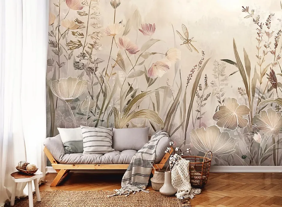Wallarena Papier Peint Panoramique Intissé Fleurs Prairie Beige - 350x250 cm - Papier Peint Chambre et salon