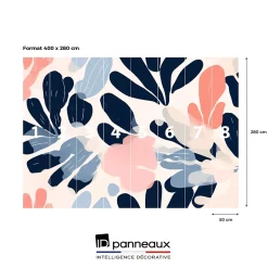 Papier peint panoramique intissé fleuri, fleurs abstraites, bleu, rose, 8 lés, L.280 x l.400cm-IDPanneaux Discount