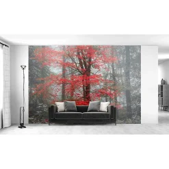 Papier peint panoramique intissé forêt arbre feuille rouge sur fond gris, 8 lés, L.280 x l.400cm-IDPanneaux Best