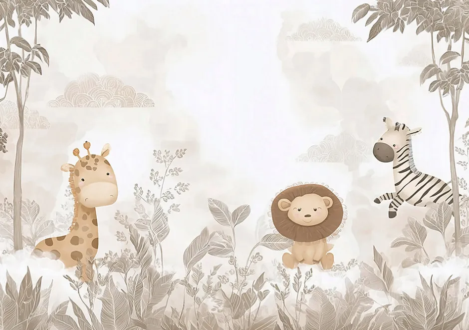 Papier Peint Panoramique Intissé Jungle Animaux Beige - 350x250 cm - Papier Peint Enfant-Wallarena Best
