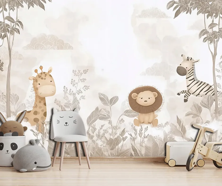 Papier Peint Panoramique Intissé Jungle Animaux Beige - 350x250 cm - Papier Peint Enfant-Wallarena Best