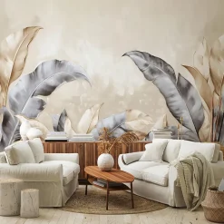 Papier Peint Panoramique Intissé Feuilles Beige 400x280 cm - Colle Inclus - Moderne XXL Papier Peint por Chambre Salon-Wallarena Outlet