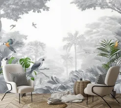 Papier Peint Panoramique Intissé Jungle Perroquets Gris - 350x250 cm - Papier Peint Chambre et salon-Wallarena Discount