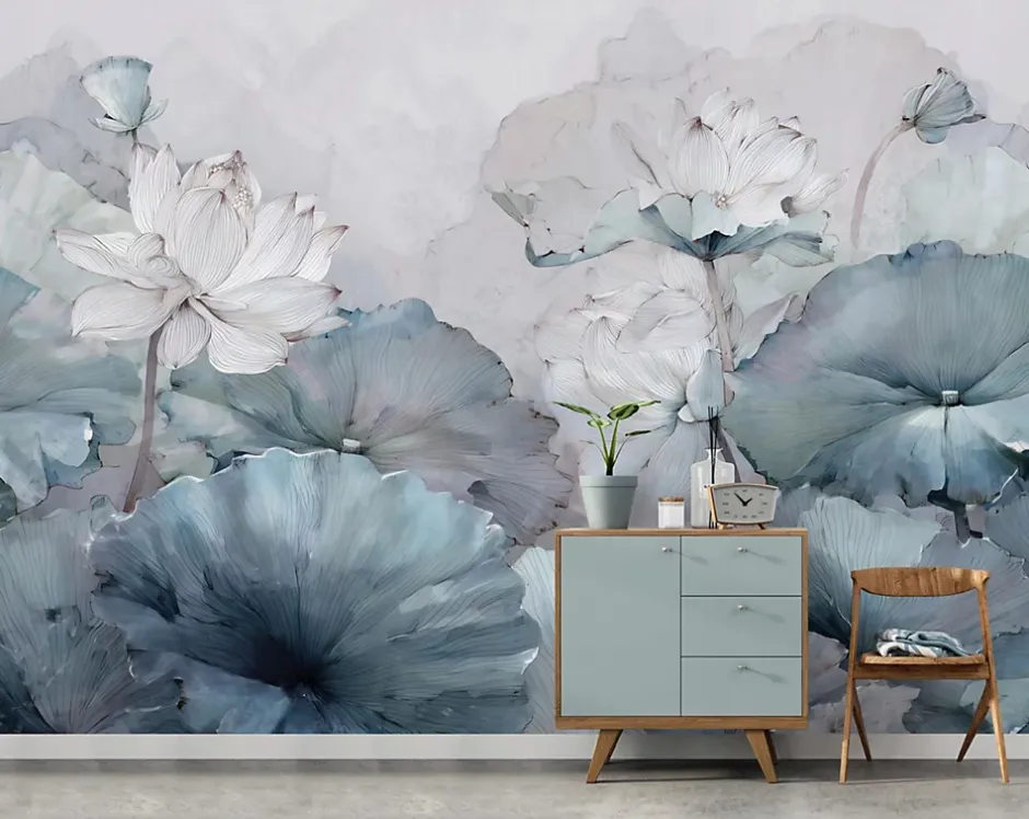 Papier Peint Panoramique Intissé Fleurs Béton Bleu - 400x280 cm - Papier Peint Chambre et salon-Wallarena Clearance