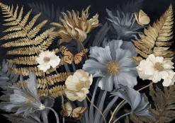 Papier Peint Panoramique Intissé Feuilles Fleurs Gris - 400x280 cm - Papier Peint Chambre et salon-Wallarena Online