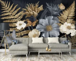 Papier Peint Panoramique Intissé Feuilles Fleurs Gris - 400x280 cm - Papier Peint Chambre et salon-Wallarena Online