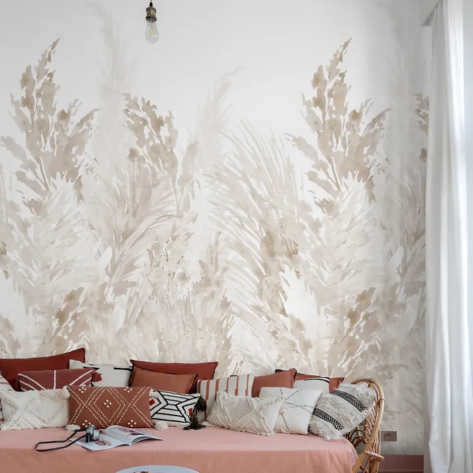 Grandeco Papier peint panoramique intissé pampas beige, 3 lés, L.280 x l.159 cm