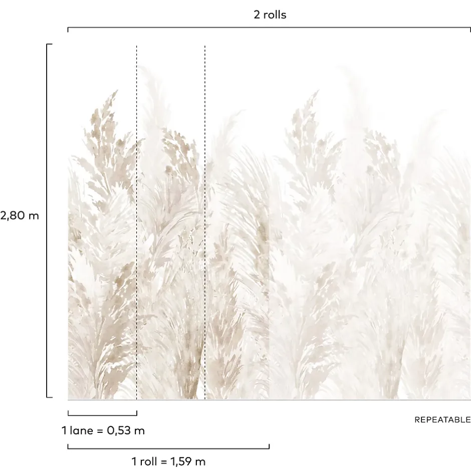 Grandeco Papier peint panoramique intissé pampas beige, 3 lés, L.280 x l.159 cm