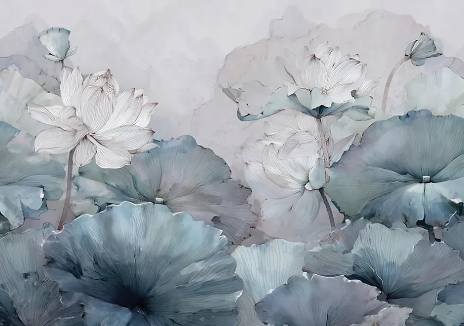 Papier Peint Panoramique Intissé Fleurs Béton Bleu - 350x250 cm - Papier Peint Chambre et salon-Wallarena Discount