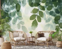 Wallarena Papier Peint Panoramique Intissé Feuilles Vert 400x280 cm - Colle Inclus - Moderne Papier Peint Intissé Chambre Salon