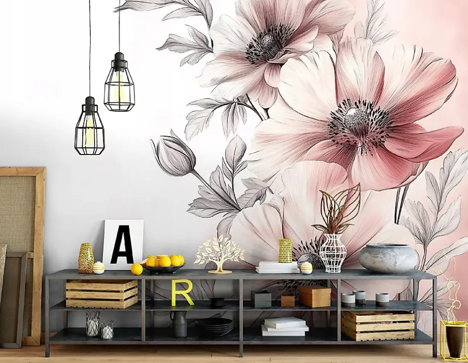 Wallarena Papier Peint Panoramique Intissé Fleurs Floral 350x250 cm - Colle Inclus - Moderne Papier Peint Intissé Chambre Salon