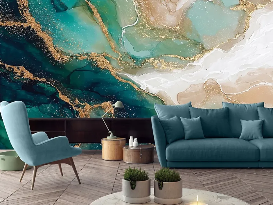 Papier Peint Panoramique Intissé Marbre Glamour Vert - 350x250 cm - Papier Peint Chambre et salon-Wallarena Best