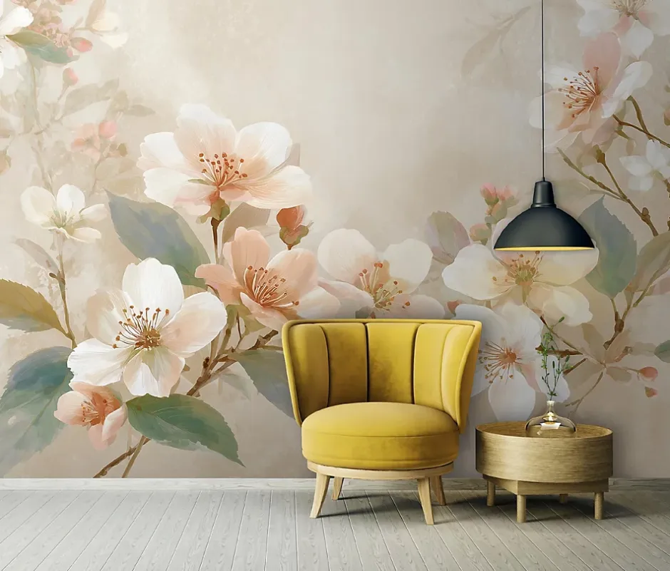 Papier Peint Panoramique Intissé Fleurs Béton Beige - 350x250 cm - Papier Peint Chambre et salon-Wallarena New