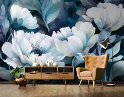 Wallarena Papier Peint Panoramique Intissé Fleurs Abstrait Bleu - 350x250 cm - Papier Peint Chambre et salon