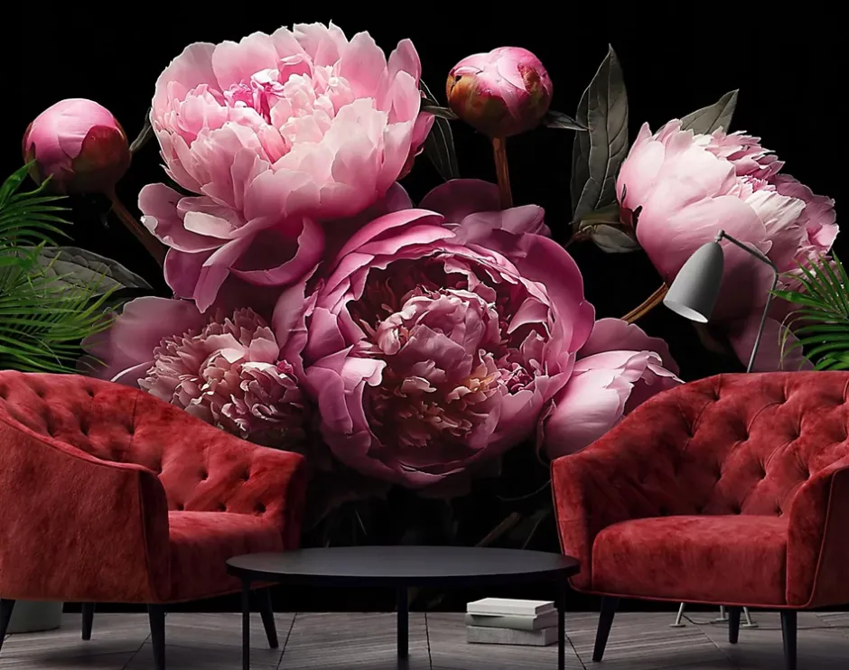 Papier Peint Panoramique Intissé Fleurs Pivoines Rose - 350x250 cm - Papier Peint Chambre et salon-Wallarena Hot