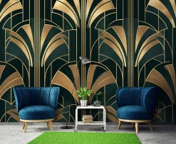 Wallarena Papier Peint Panoramique Intissé Art Déco Or Vert - 350x250 cm - Papier Peint Chambre et salon