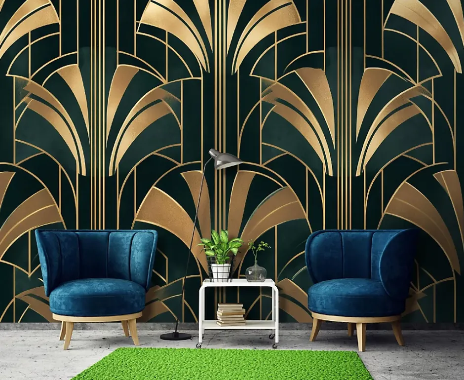 Wallarena Papier Peint Panoramique Intissé Art Déco Or Vert - 350x250 cm - Papier Peint Chambre et salon