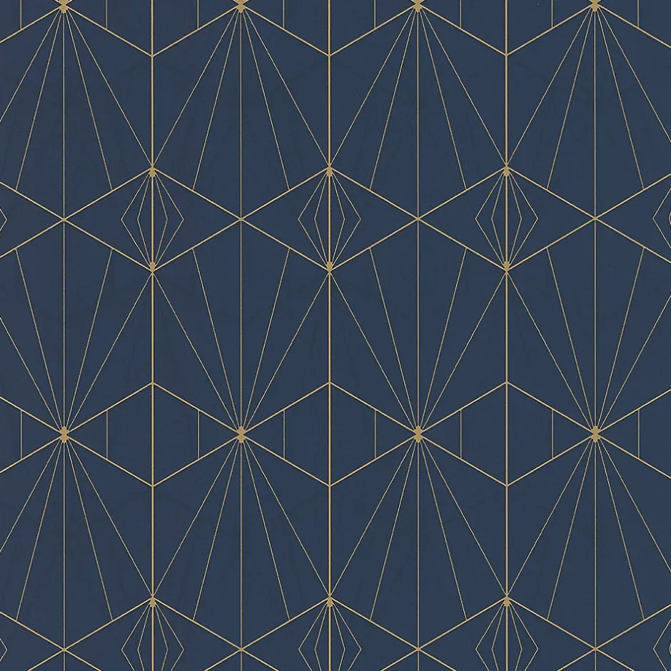 Lutece Papier peint Park avenue vinyle intissé motif art déco bleu et or