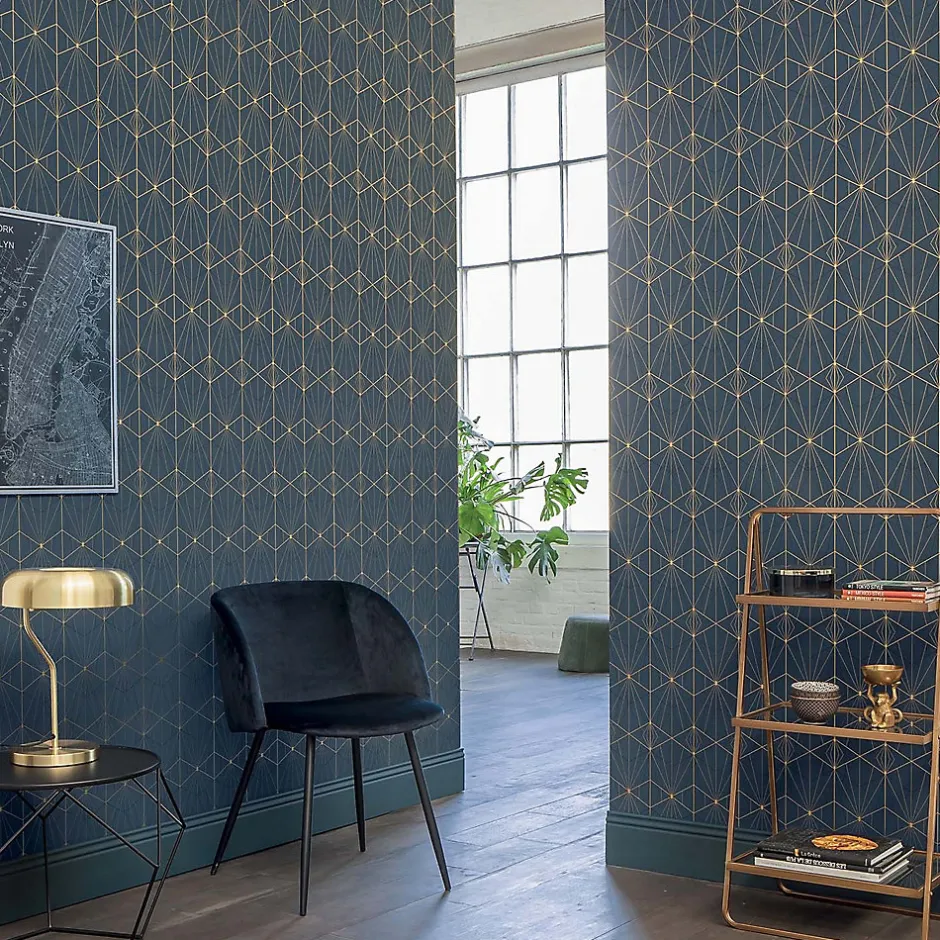 Lutece Papier peint Park avenue vinyle intissé motif art déco bleu et or