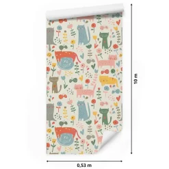 Muralo Papier Peint Pour Chambre D'Enfant CHATS Animaux Colorés Plantes Conte De Fées