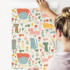 Muralo Papier Peint Pour Chambre D'Enfant CHATS Animaux Colorés Plantes Conte De Fées
