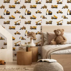 Papier Peint Pour Chambre D'Enfant EXCAVATRICES Voitures De Chantier Jaunes-Muralo Best