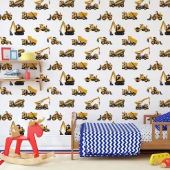 Papier Peint Pour Chambre D'Enfant EXCAVATRICES Voitures De Chantier Jaunes-Muralo Best