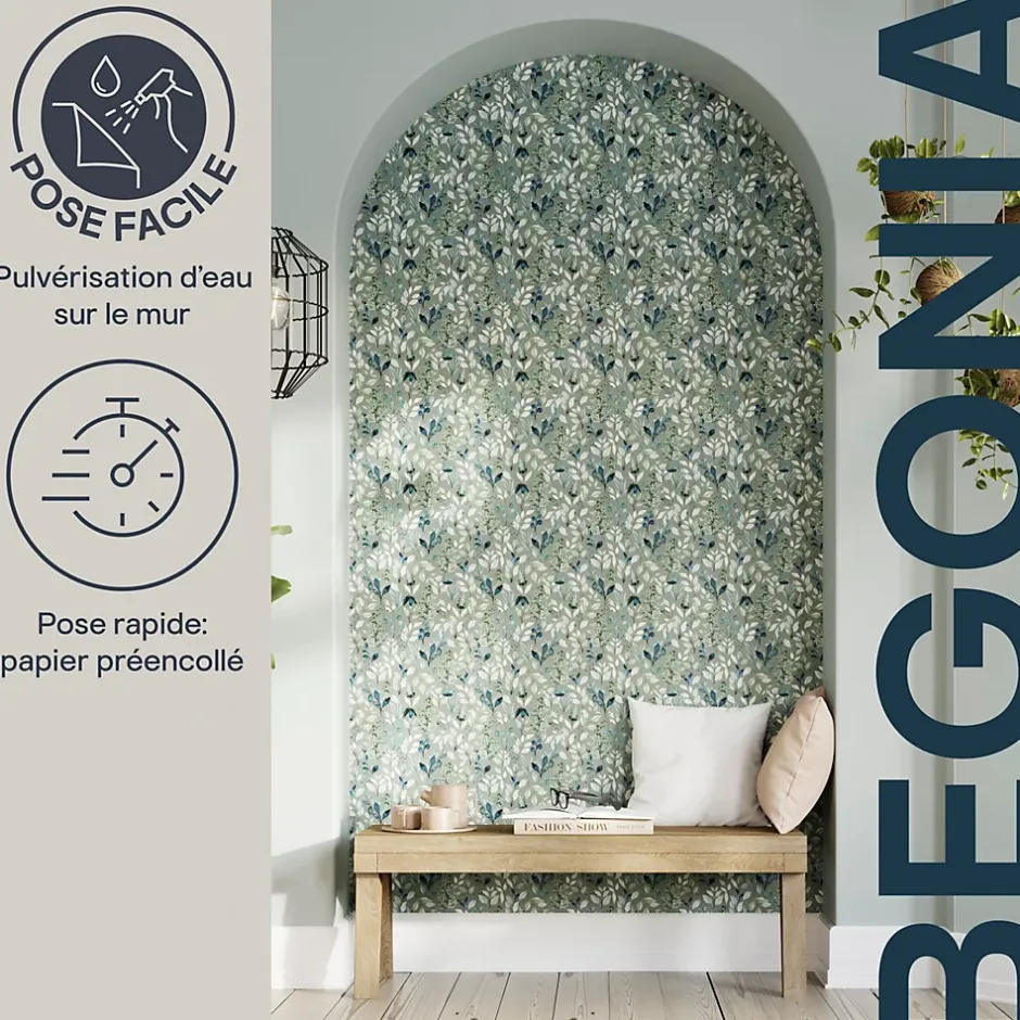 Papier peint pré-encollé vinyle intissé fleuri Easy Roll Begonia vert l.53 x H.1005 cm-GoodHome Sale