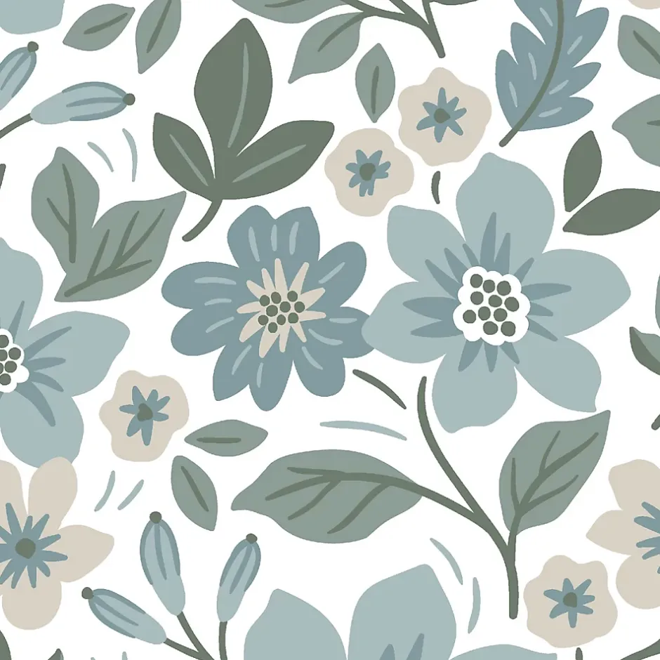 Papier peint pré-encollé vinyle fleuri Easy Roll Aani fleurs bleu l.53 x H.1005 cm-GoodHome Hot